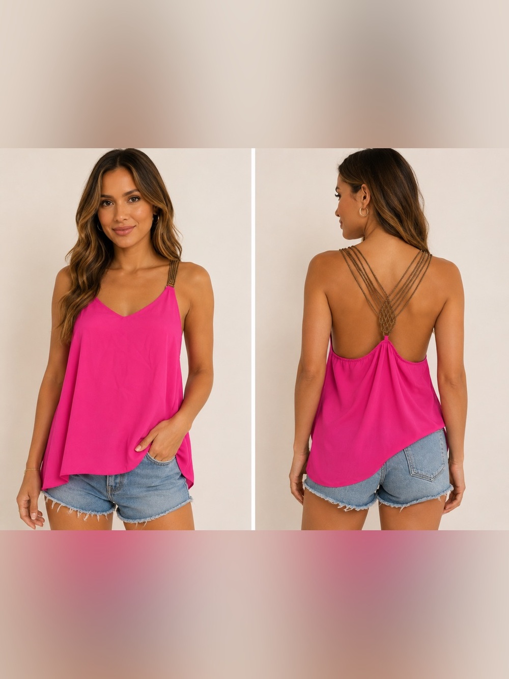Mine Hot Pink Tank Top W/Dark Gold Detailed Back M